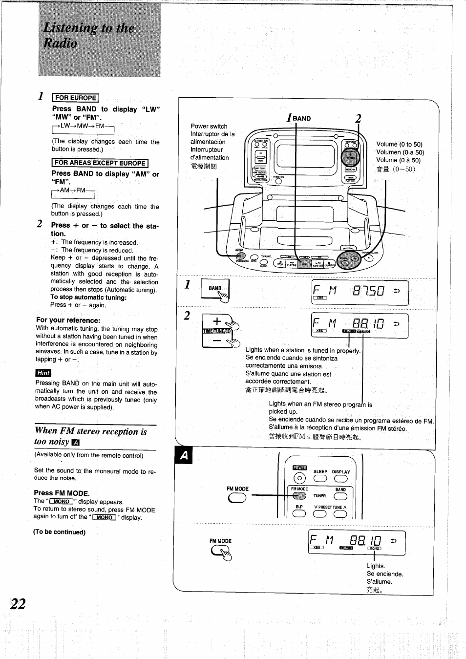 Usteni/ìff to the radio, Listening to the radio, When fm stereo reception is too noisy | Panasonic RXDS05 User Manual | Page 22 / 88