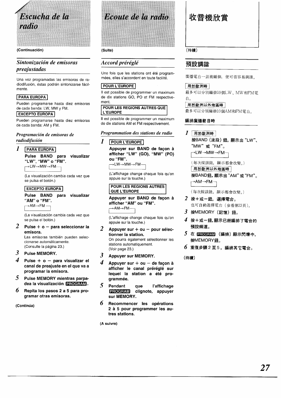 Ecoute de la radío, Escucha de la radio, Programación de emisoras de radiodifusión | Programmation des stations de radio, Sintonización de emisoras preajustadas, Accord préréglé, Iüdmimi, Qîebîh23, S + ^-|s,p/t^bfflí»7«á’fld 5 4 | Panasonic RXDS05 User Manual | Page 27 / 88