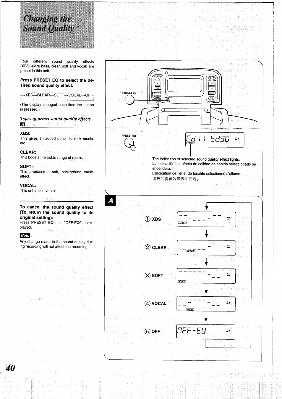 Changing the sound qiialily, Clear, Vocal | Changing the sound quality | Panasonic RXDS05 User Manual | Page 40 / 88