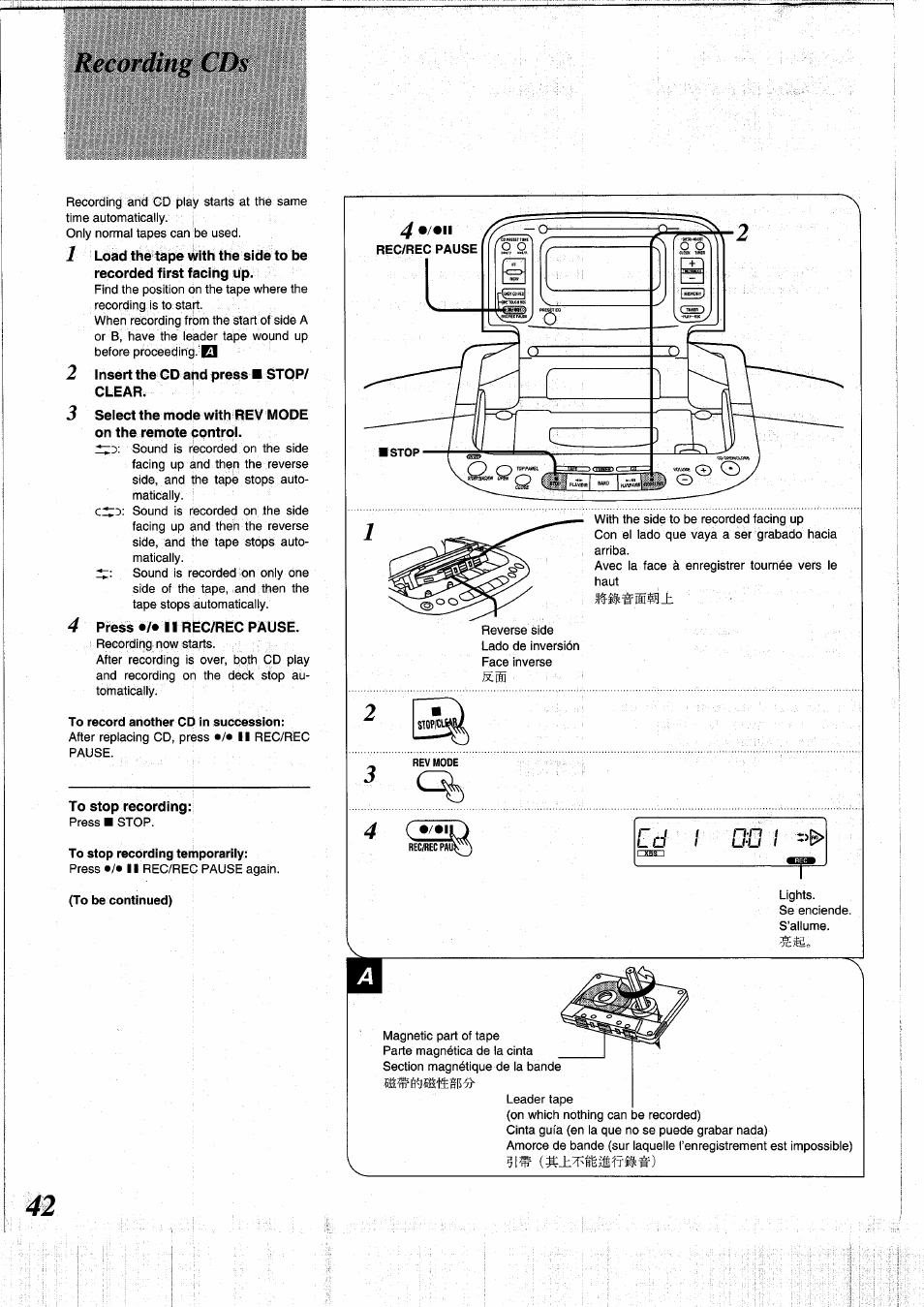 Recording cds, To stop recording | Panasonic RXDS05 User Manual | Page 42 / 88