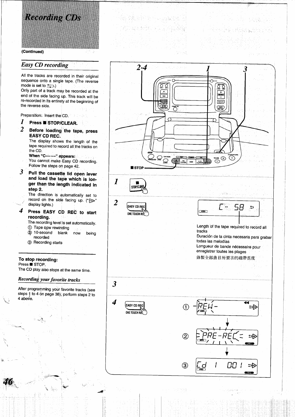 Recording cds, 1 press ■ stop/clear, 2 before loading the tape, press easy cdrec | 4 press easy cd rec to start recording, To stop recording, Easy cd recording | Panasonic RXDS05 User Manual | Page 46 / 88