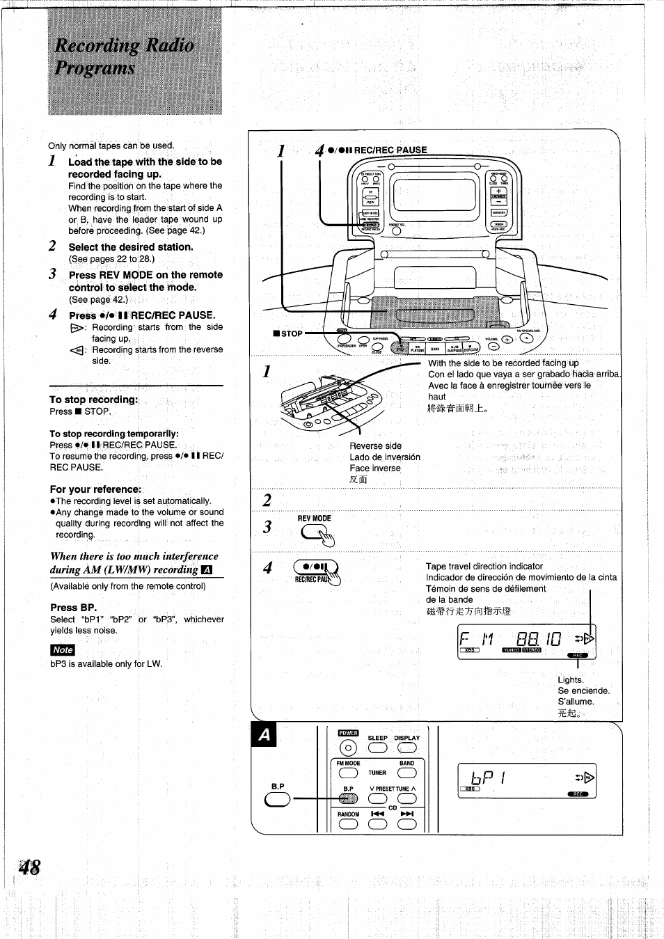 Recording radio programs, 2 seiect the desired station, 4 press •/• 11rec/rec pause | To stop recording, For your reference, Press bp, Es. id =>b | Panasonic RXDS05 User Manual | Page 48 / 88