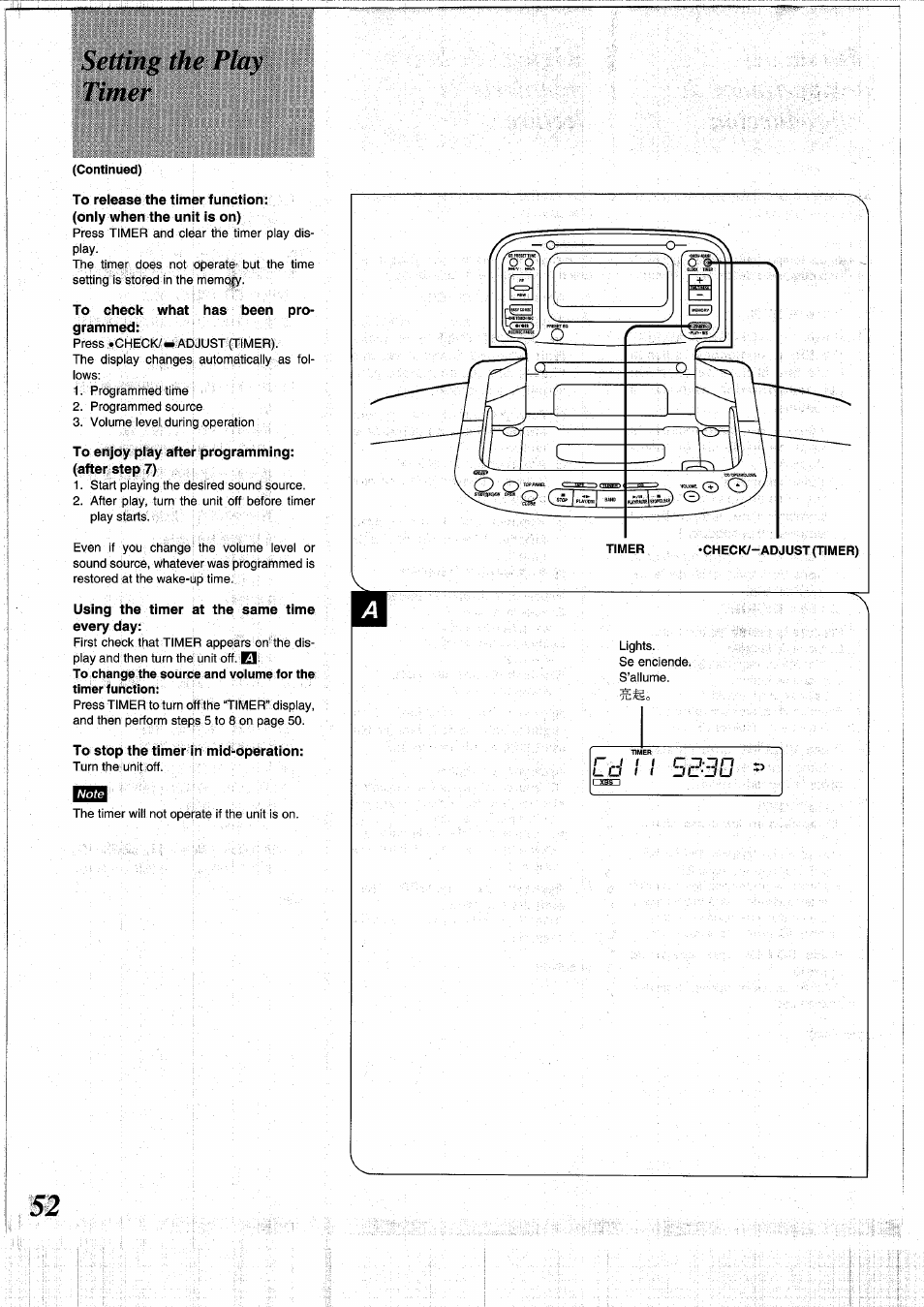 Setting the play timer, To release the timer function, To check what has been programmed | To enjoy play after programming: (after step 7), Using the timer at the same time every day, To stop the timer in mid-operation, Setting the recording timer | Panasonic RXDS05 User Manual | Page 52 / 88