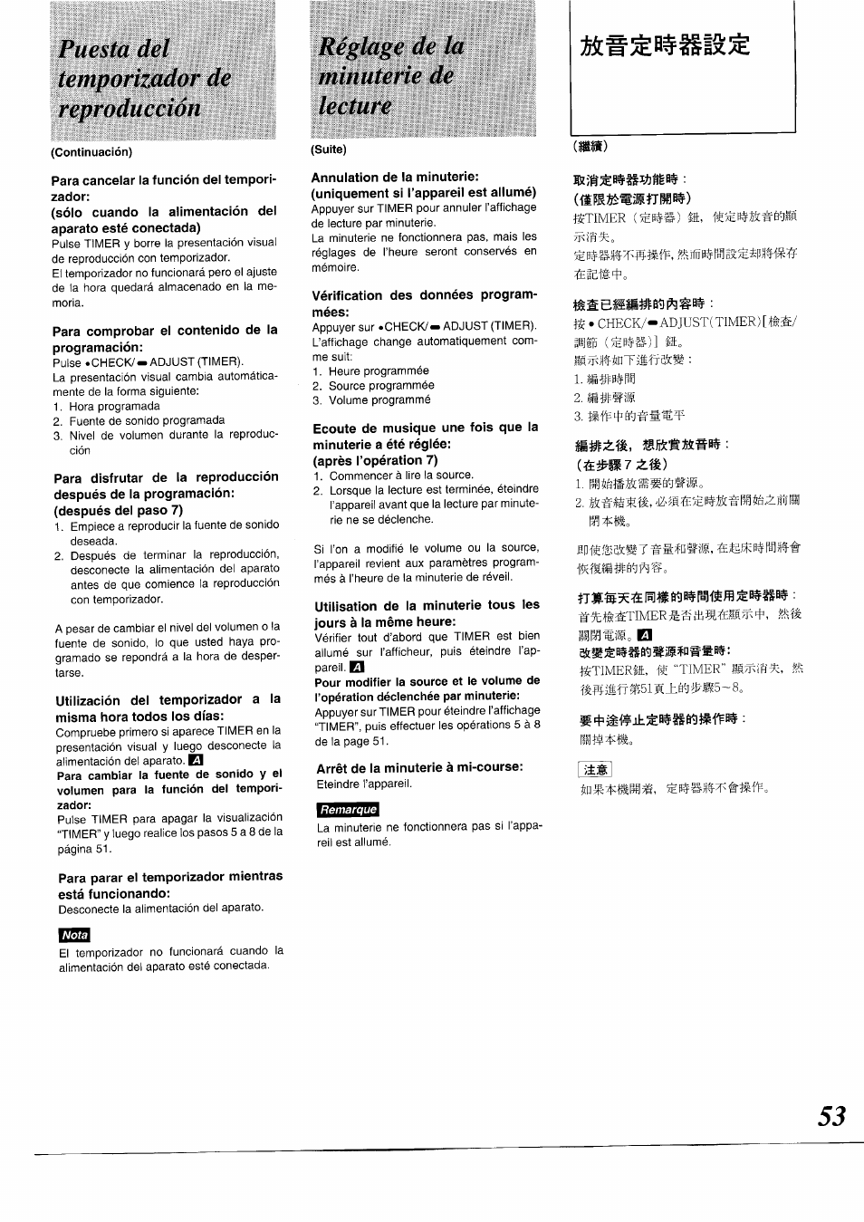 Réglage de la minuterie de lecture, Puesta del temporizador de reproducción | Panasonic RXDS05 User Manual | Page 53 / 88