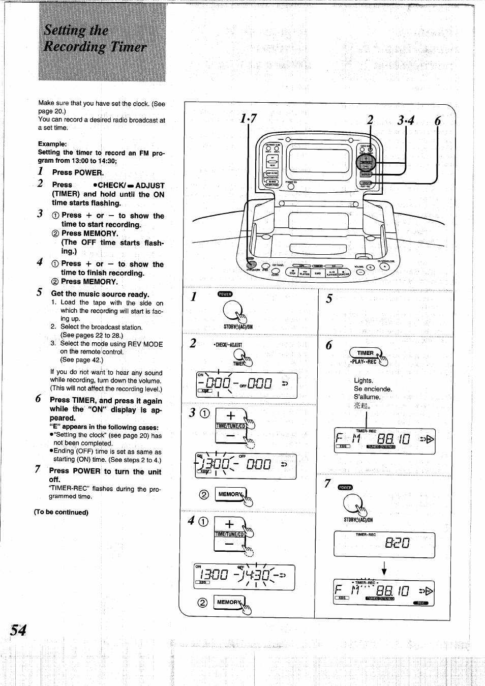 Settinfí the recording timer, 1 press power, 3 © press + or - to show the | 4 © press -t- or — to show the, 7 press power to turn the unit off, U-u u, U-uu, Id-nn, Iu-d.n, Flipuhsi | Panasonic RXDS05 User Manual | Page 54 / 88