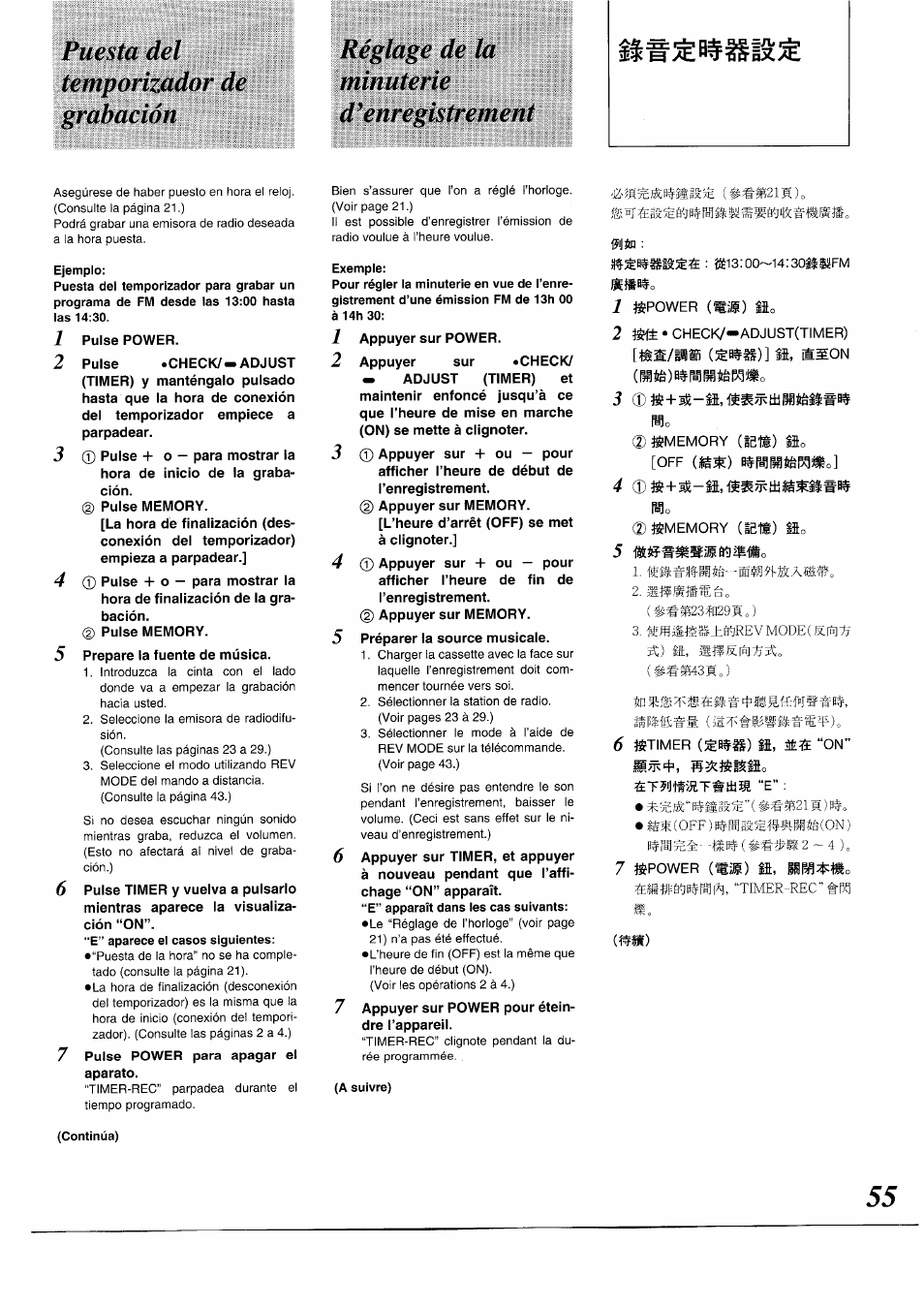 Réglage de la minuterie d'enregistrement, 3 @ pulse + o — para mostrar la, 4 © pulse -i- o — para mostrar la | 5 prepare la fuente de música, 7 pulse power para apagar el aparato, 1 appuyer sur power, 3 @ appuyer sur + ou - pour, 4 ® appuyer sur 4- ou — pour, 5 préparer la source musicale, 7 appuyer sur power pour éteindre l’appareil | Panasonic RXDS05 User Manual | Page 55 / 88