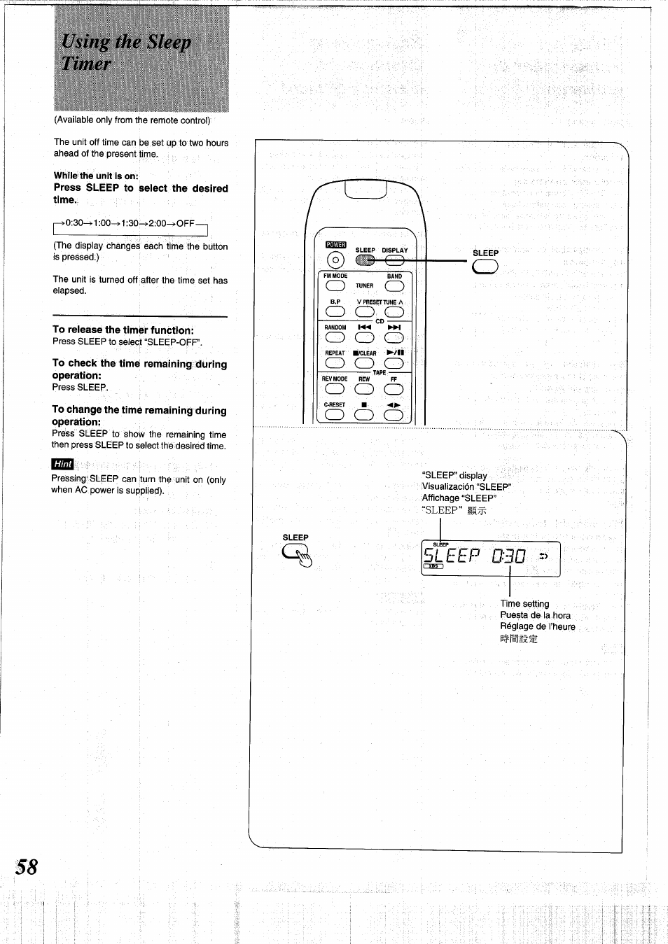 Using the sleep timer, To reiease the timer function, To check the time remaining during operation | To change the time remaining during operation, О о о, O o o | Panasonic RXDS05 User Manual | Page 58 / 88