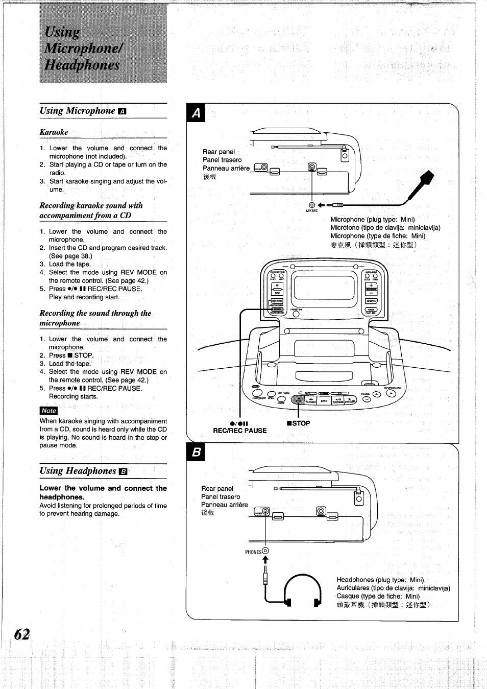 Using, Microphone, Headphones | Lower the volume and connect the headphones, Using microphone/ headphones, Karaoke, Recording the sound through the microphone | Panasonic RXDS05 User Manual | Page 62 / 88