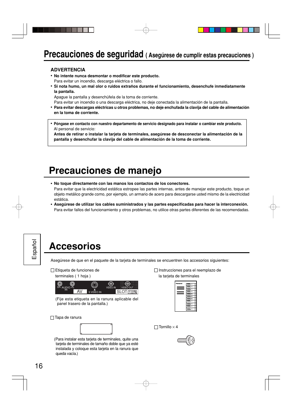 Precauciones de seguridad, Accesorios, Precauciones de manejo | Asegúrese de cumplir estas precauciones ), Espa ñ ol | Panasonic TY42TM6B User Manual | Page 16 / 24