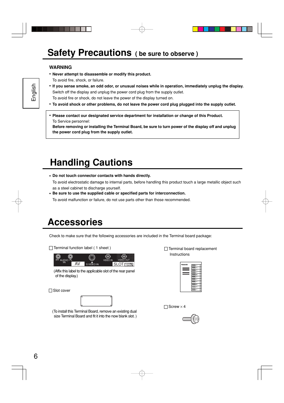 Safety precautions, Accessories, Handling cautions | Be sure to observe ), English | Panasonic TY42TM6B User Manual | Page 6 / 24