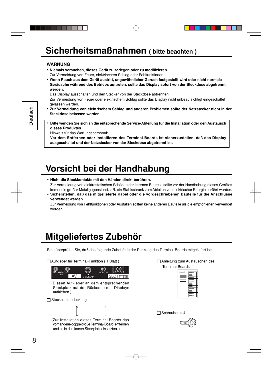 Sicherheitsmaßnahmen, Mitgeliefertes zubehör, Vorsicht bei der handhabung | Bitte beachten ), Deutsch | Panasonic TY42TM6B User Manual | Page 8 / 24