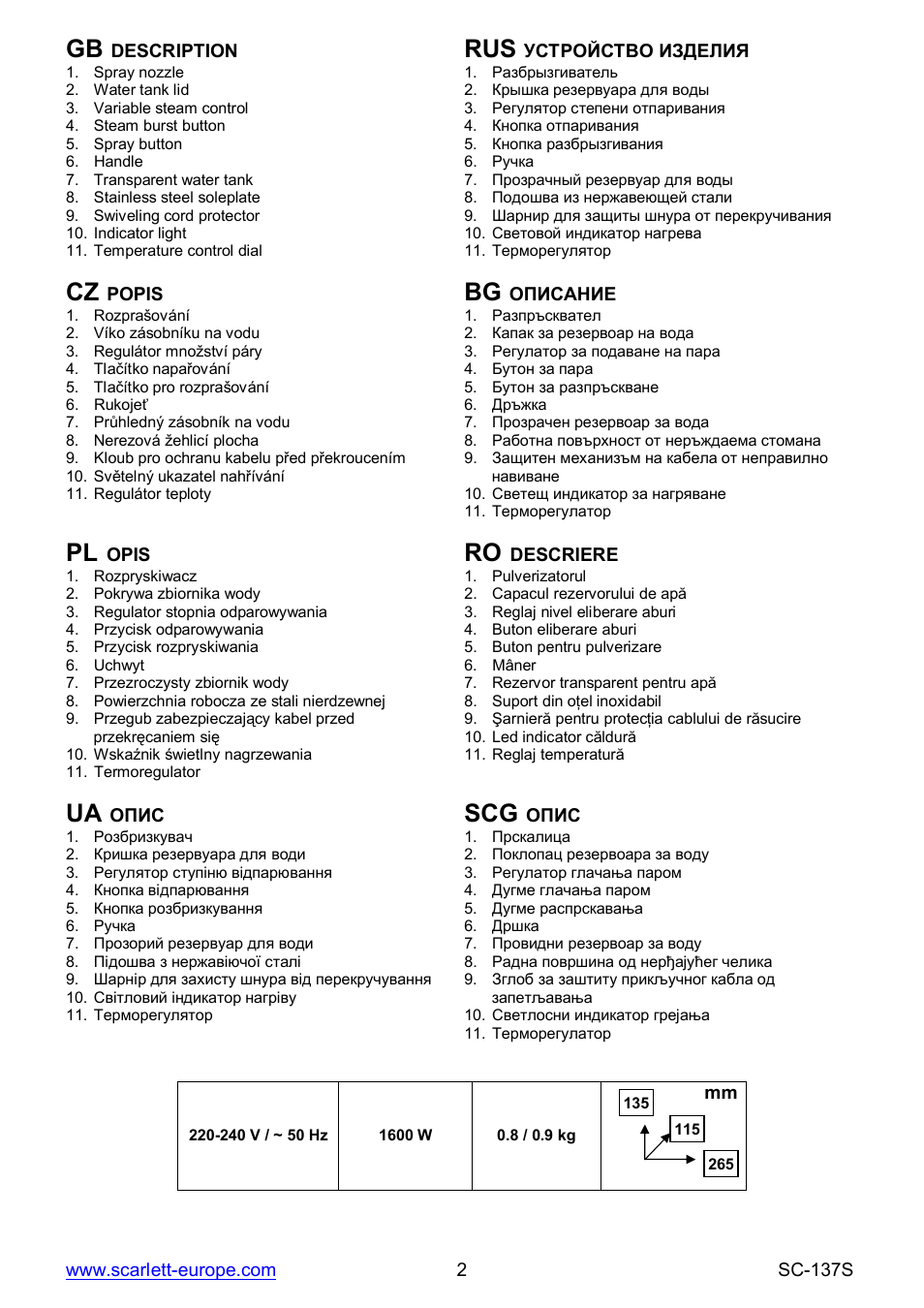 Ua scg | Scarlett SC-137S User Manual | Page 2 / 34