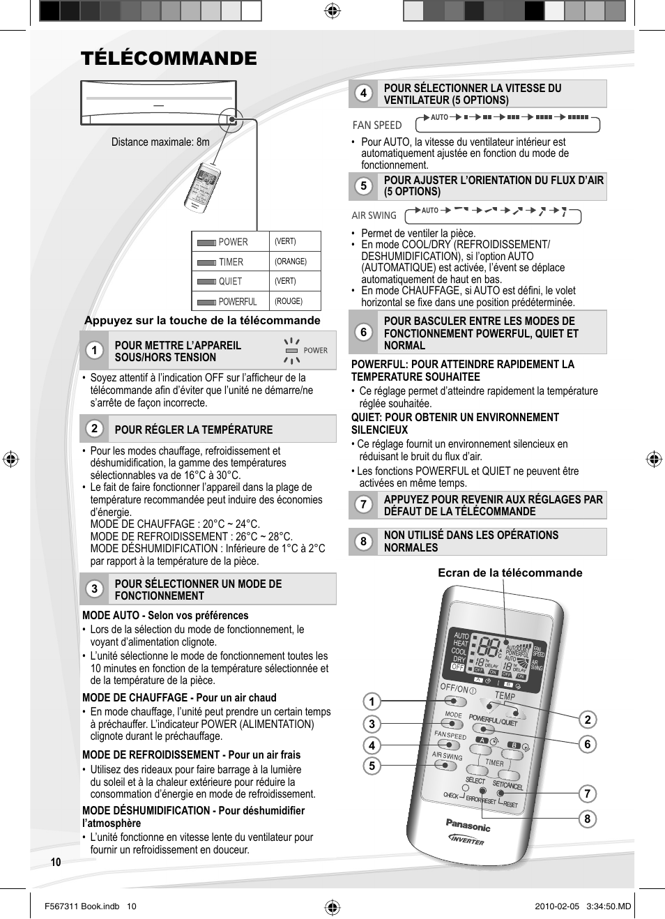 Télécommande | Panasonic CSRE9JKE1 User Manual | Page 10 / 64