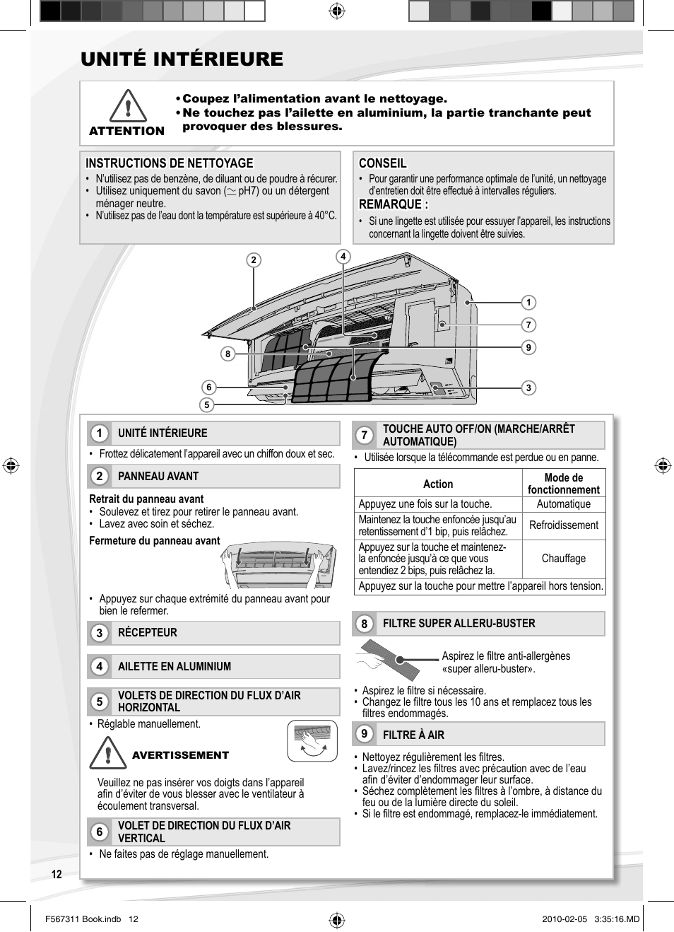 Unité intérieure | Panasonic CSRE9JKE1 User Manual | Page 12 / 64