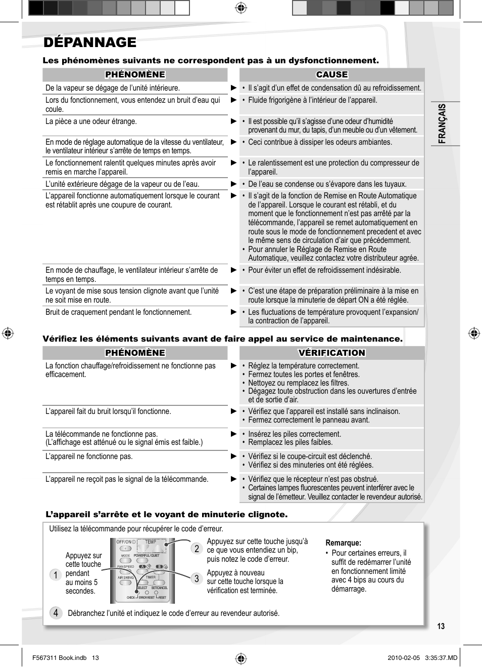 Dépannage | Panasonic CSRE9JKE1 User Manual | Page 13 / 64