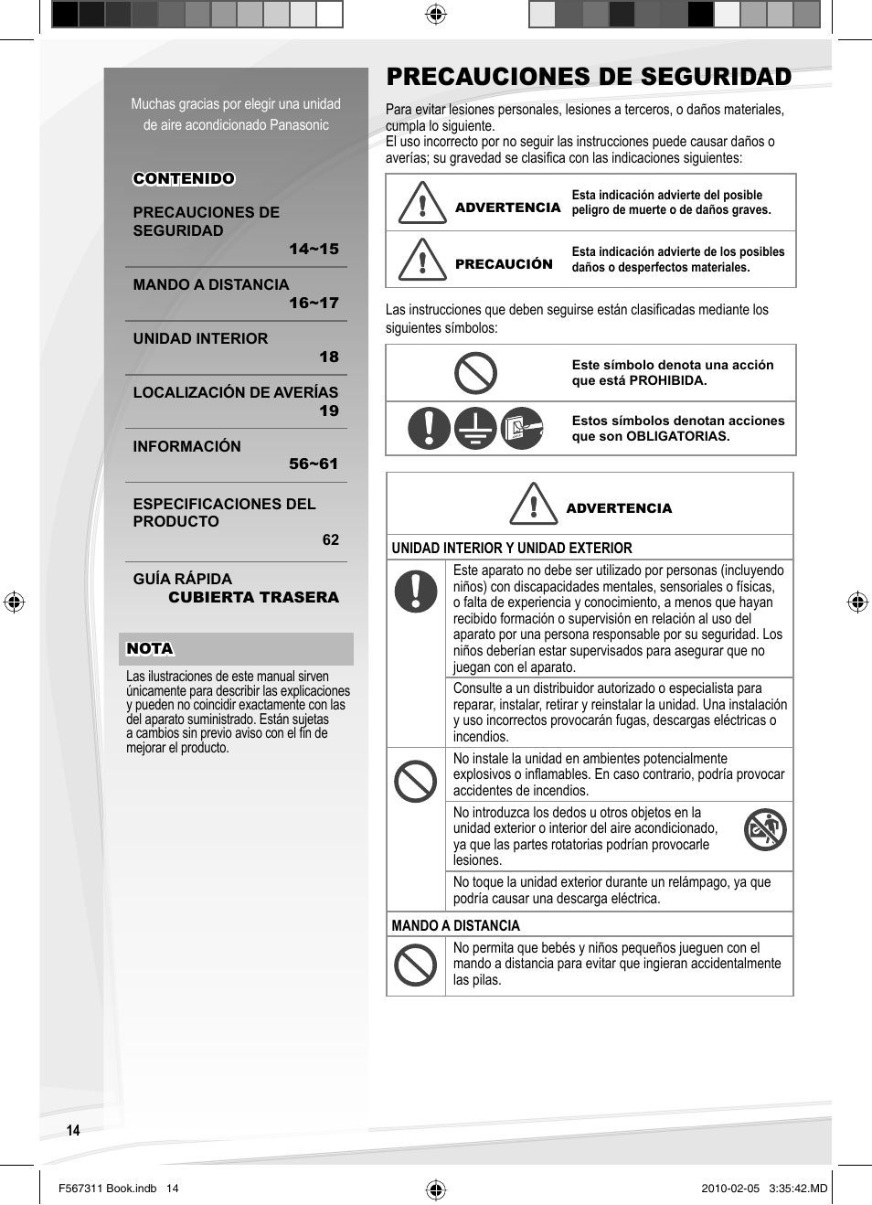 Precauciones de seguridad | Panasonic CSRE9JKE1 User Manual | Page 14 / 64