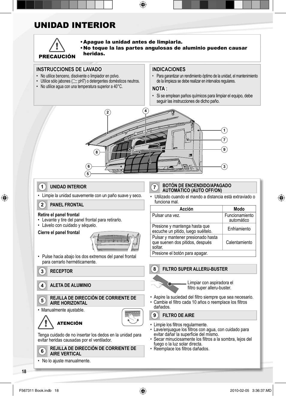 Unidad interior | Panasonic CSRE9JKE1 User Manual | Page 18 / 64