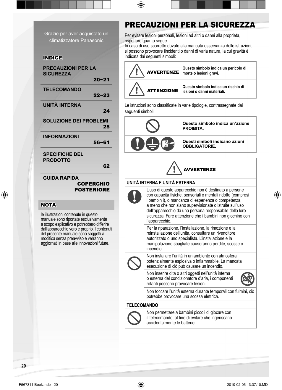 Precauzioni per la sicurezza | Panasonic CSRE9JKE1 User Manual | Page 20 / 64