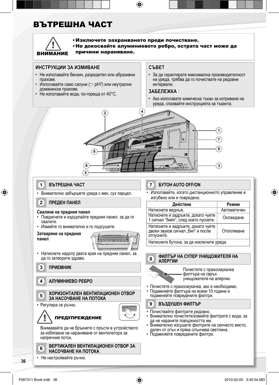 Вътрешна част | Panasonic CSRE9JKE1 User Manual | Page 36 / 64