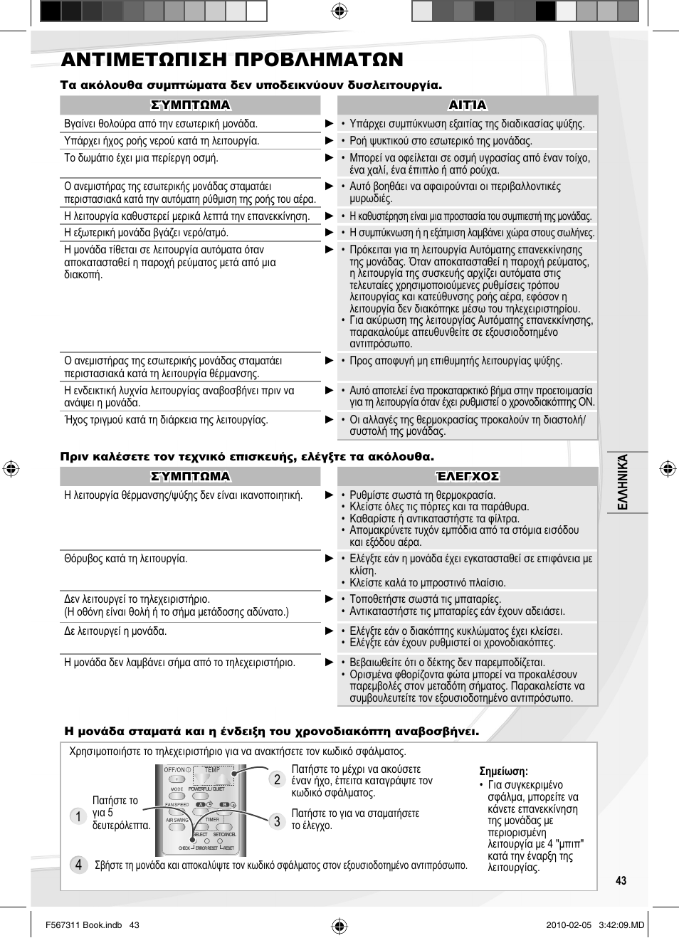 Αντιμετωπιση προβληματων | Panasonic CSRE9JKE1 User Manual | Page 43 / 64
