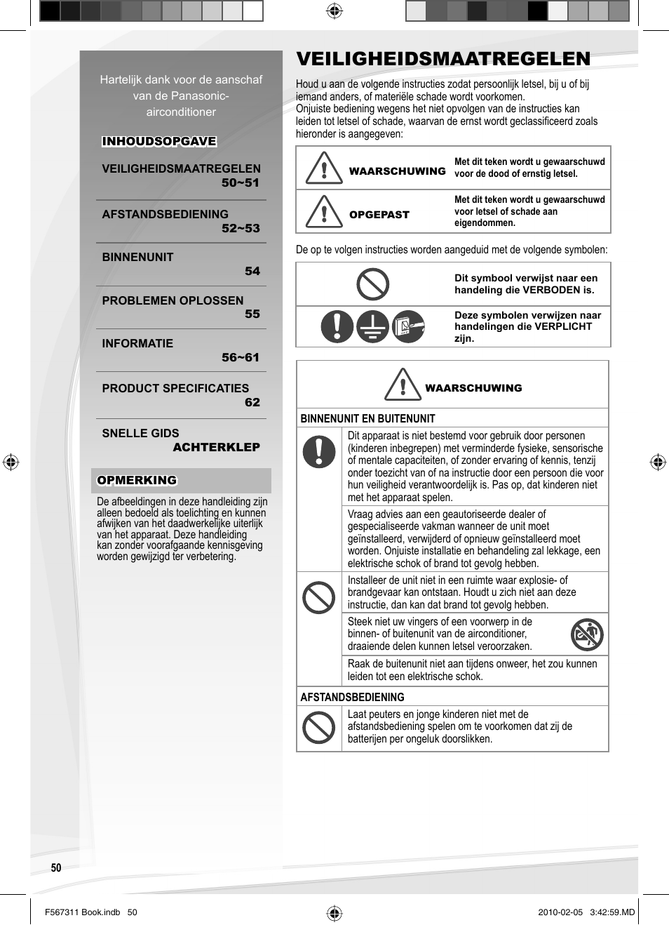 Veiligheidsmaatregelen | Panasonic CSRE9JKE1 User Manual | Page 50 / 64