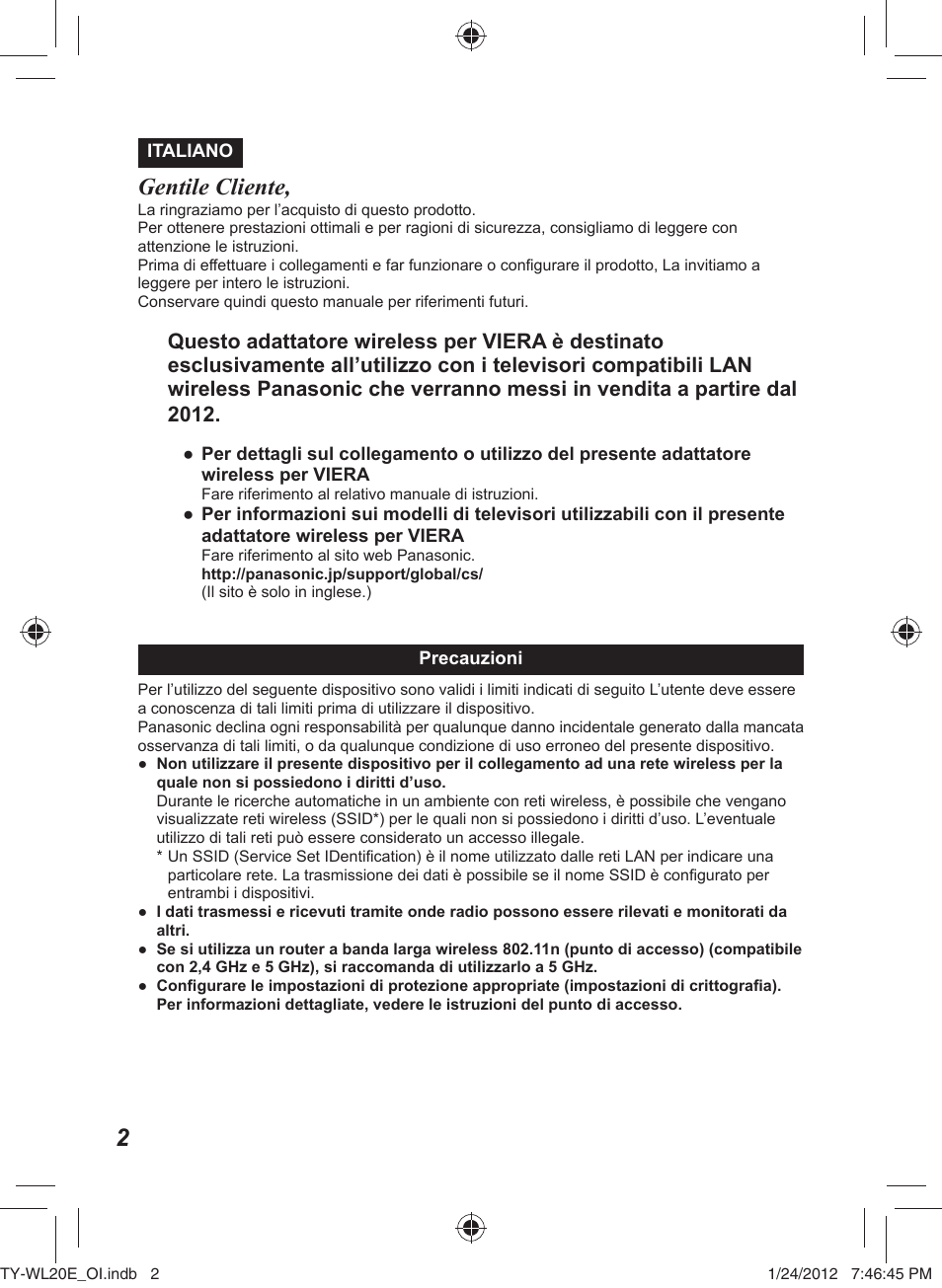 Gentile cliente | Panasonic TYWL20E User Manual | Page 10 / 42