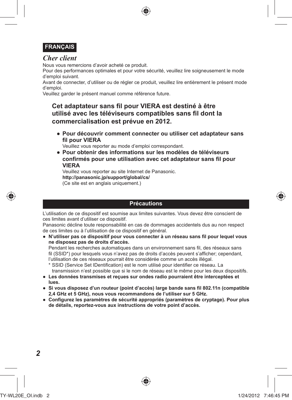 Cher client | Panasonic TYWL20E User Manual | Page 14 / 42
