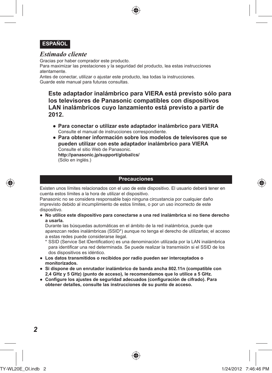 Estimado cliente | Panasonic TYWL20E User Manual | Page 18 / 42