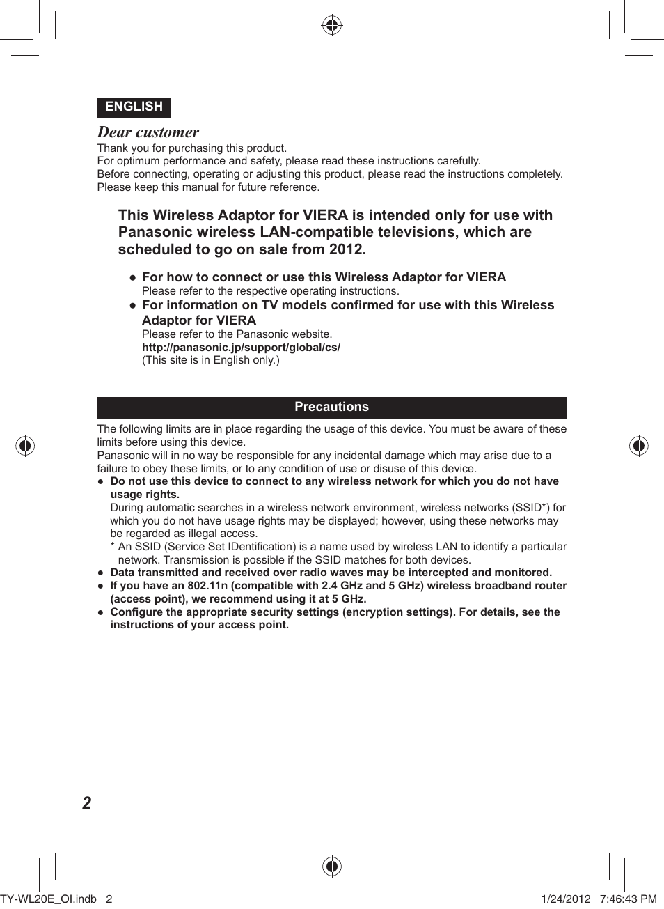 Dear customer | Panasonic TYWL20E User Manual | Page 2 / 42