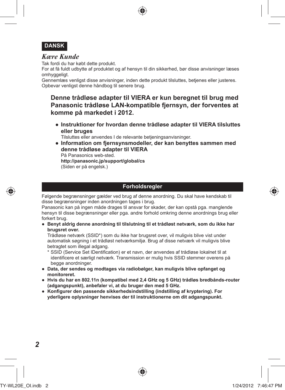 Kære kunde | Panasonic TYWL20E User Manual | Page 30 / 42