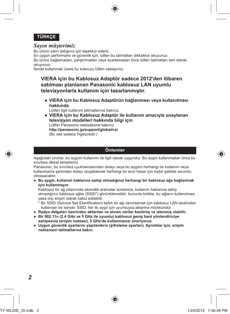 Sayın müşterimiz | Panasonic TYWL20E User Manual | Page 38 / 42