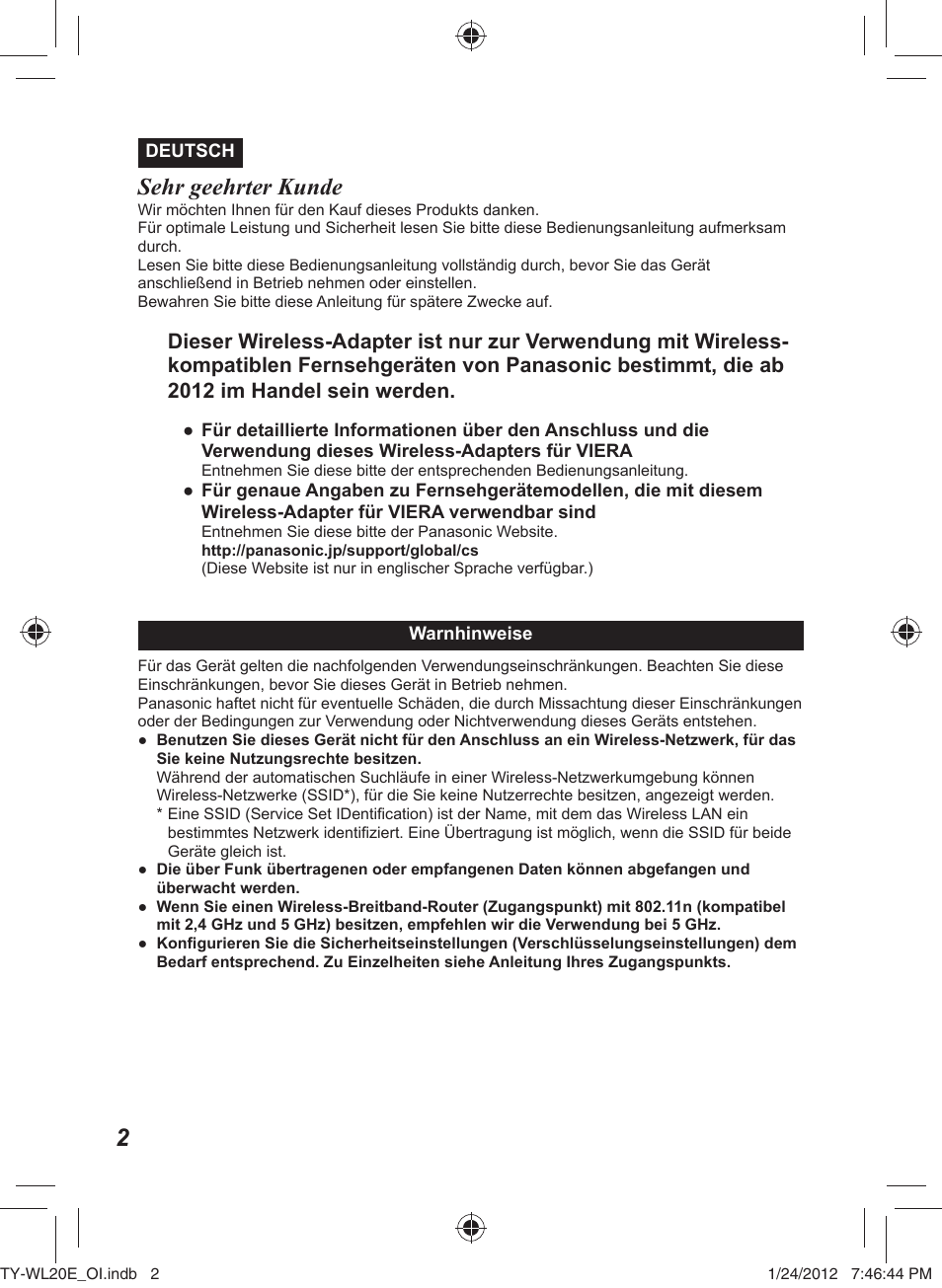 Sehr geehrter kunde | Panasonic TYWL20E User Manual | Page 6 / 42