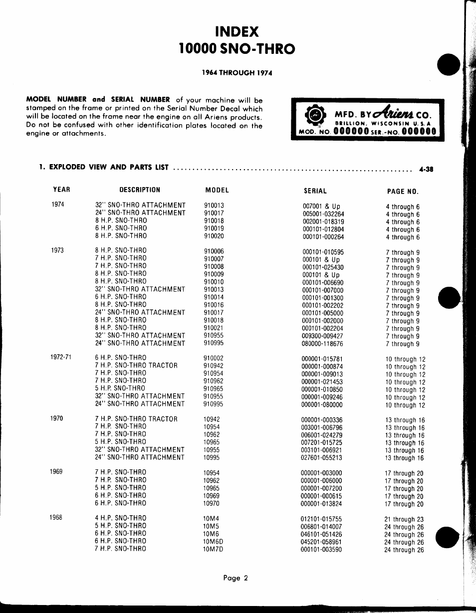 Index, 10000 sno-thro, 1964 through 1974 | Exploded view and parts list 4-38, B\^4iea±co | Ariens PRM-10000 User Manual | Page 2 / 48