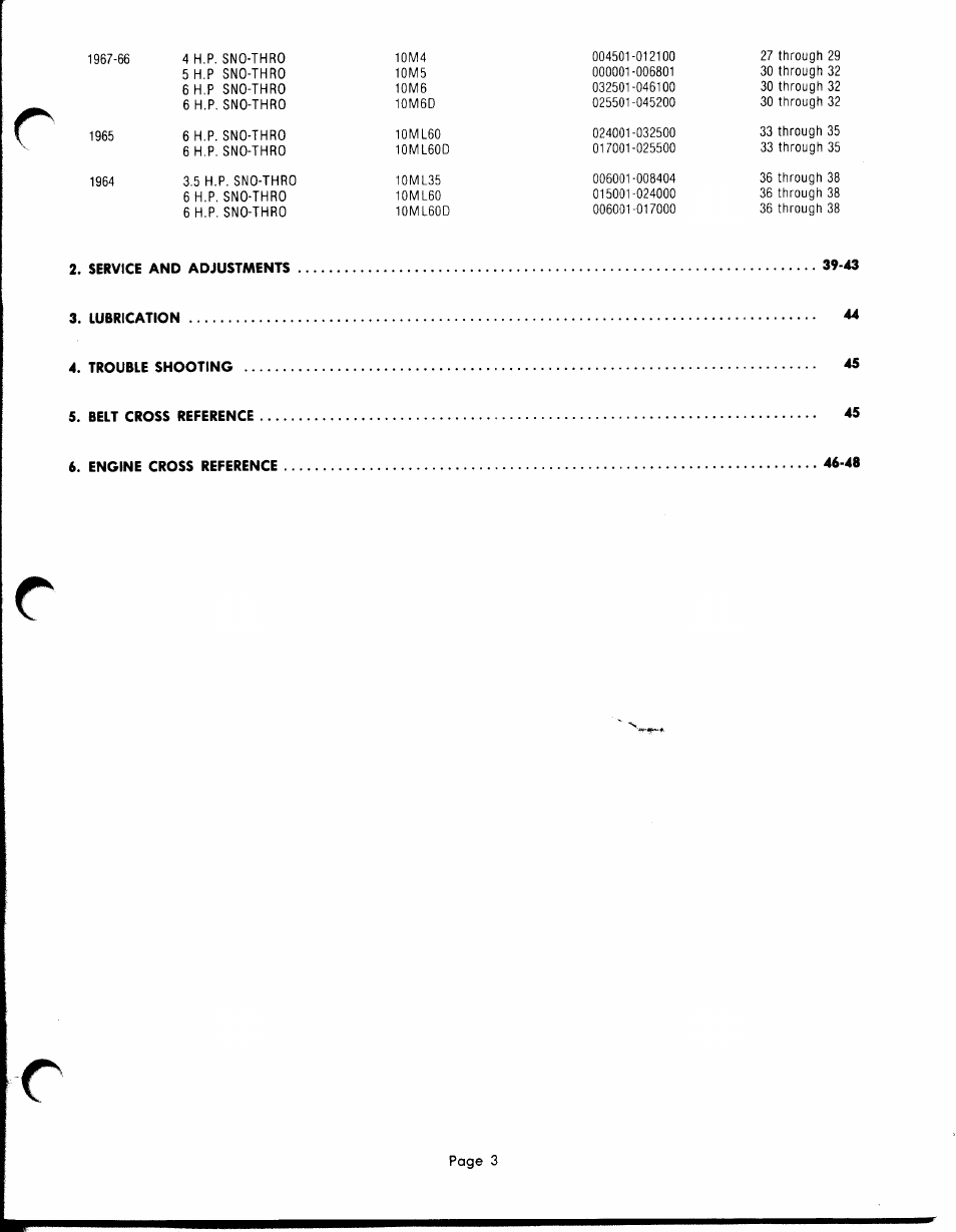 Service and adjustments 39-43, Lubrication, Trouble shooting | Belt cross reference, Engine cross reference 46-48 | Ariens PRM-10000 User Manual | Page 3 / 48