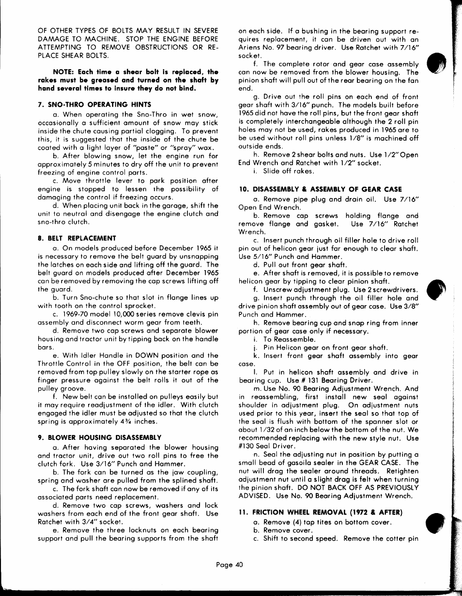 Sno-thro operating hints, Belt replacement, Blower housing disassembly | Disassembly & assembly of gear case, Friction wheel removal (1972 & after) | Ariens PRM-10000 User Manual | Page 40 / 48