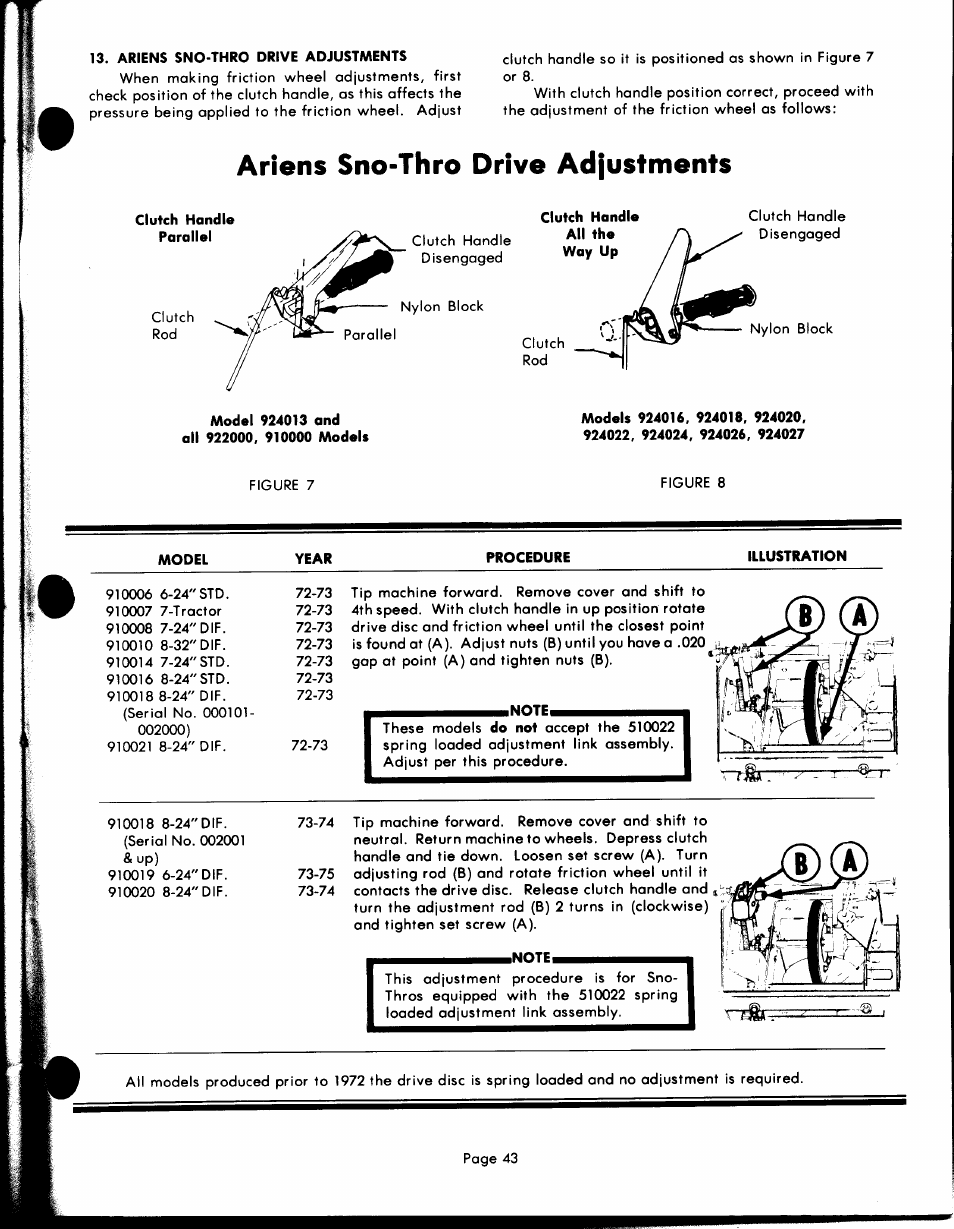 Ariens sno-thro drive adjustments, Clutch handle parallel, Model | Year, Procedure, Illustration | Ariens PRM-10000 User Manual | Page 43 / 48