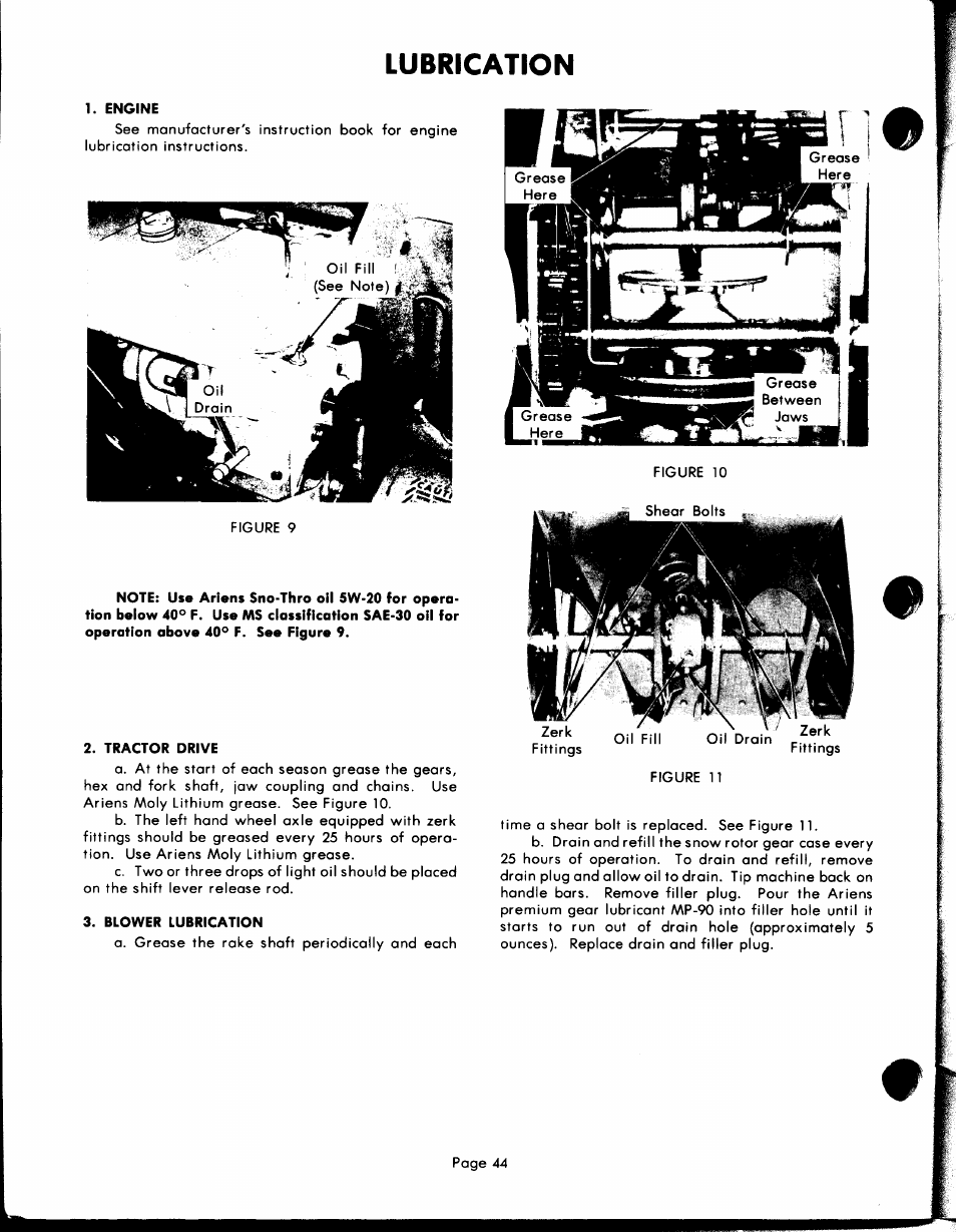 Engine, Tractor drive, Blower lubrication | Lubrication | Ariens PRM-10000 User Manual | Page 44 / 48