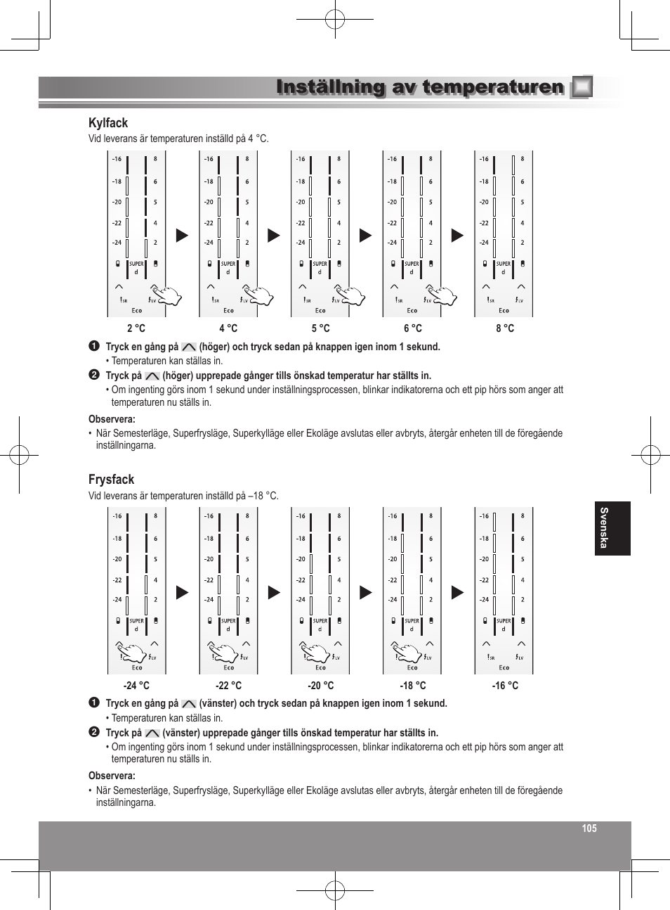 Inställning av temperaturen, Kylfack, Frysfack | Panasonic NRB32SW1 User Manual | Page 105 / 180