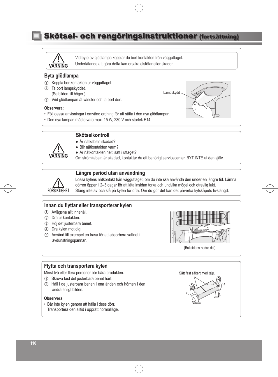 Skötsel- och rengöringsinstruktioner | Panasonic NRB32SW1 User Manual | Page 110 / 180