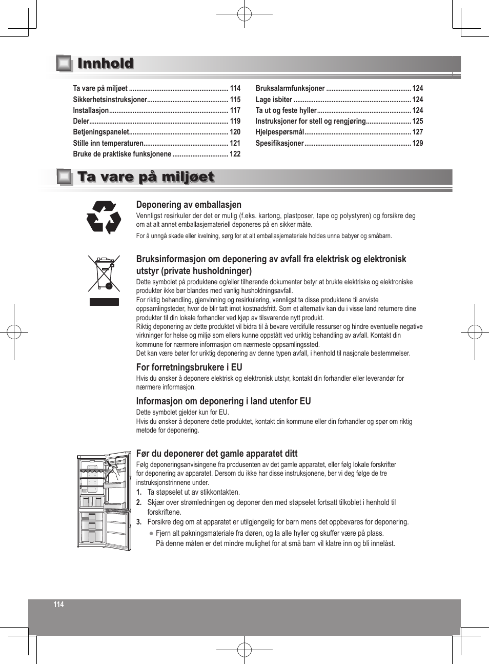 Ta vare på miljøet innhold | Panasonic NRB32SW1 User Manual | Page 114 / 180