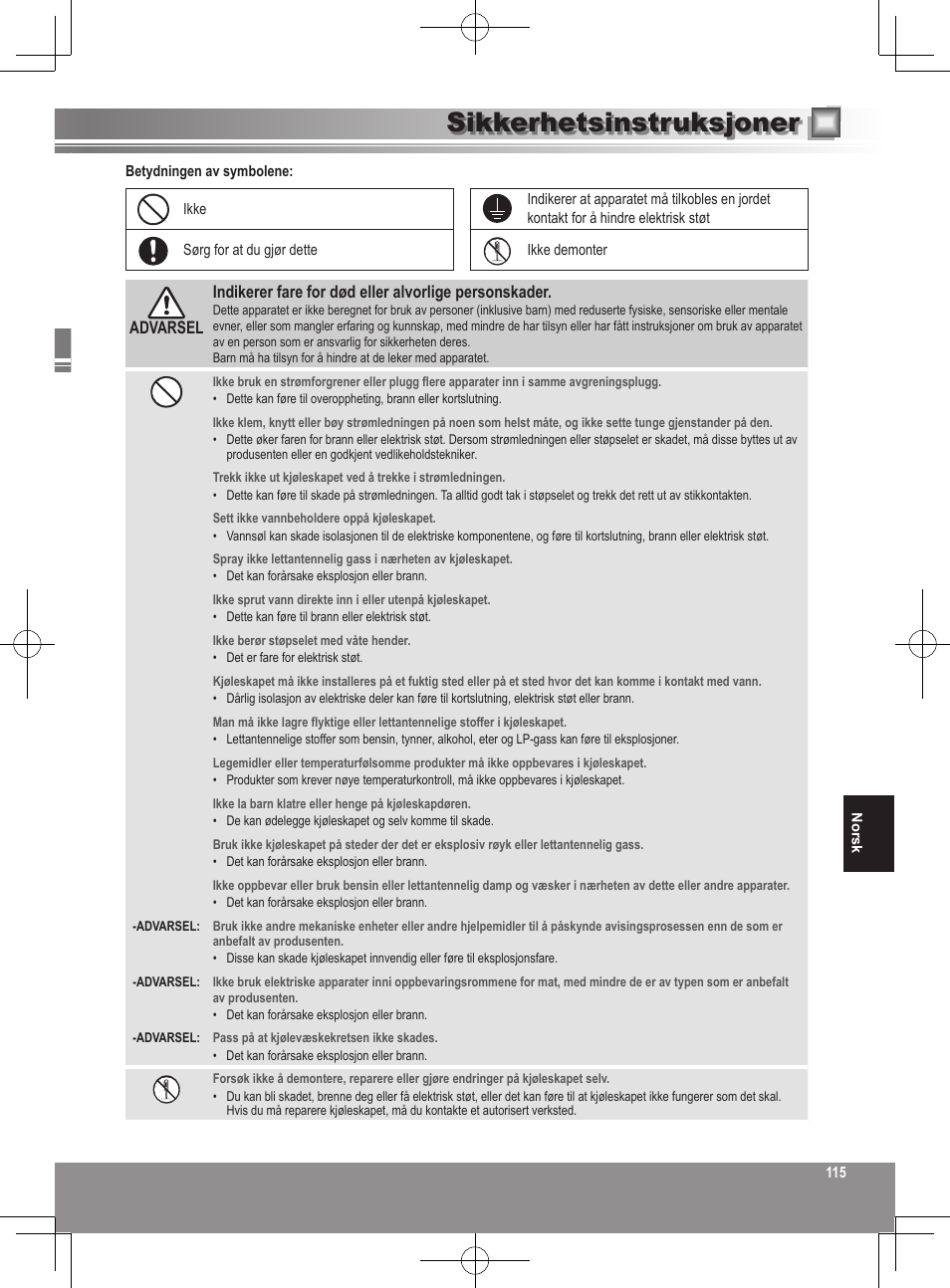 Sikkerhetsinstruksjoner | Panasonic NRB32SW1 User Manual | Page 115 / 180