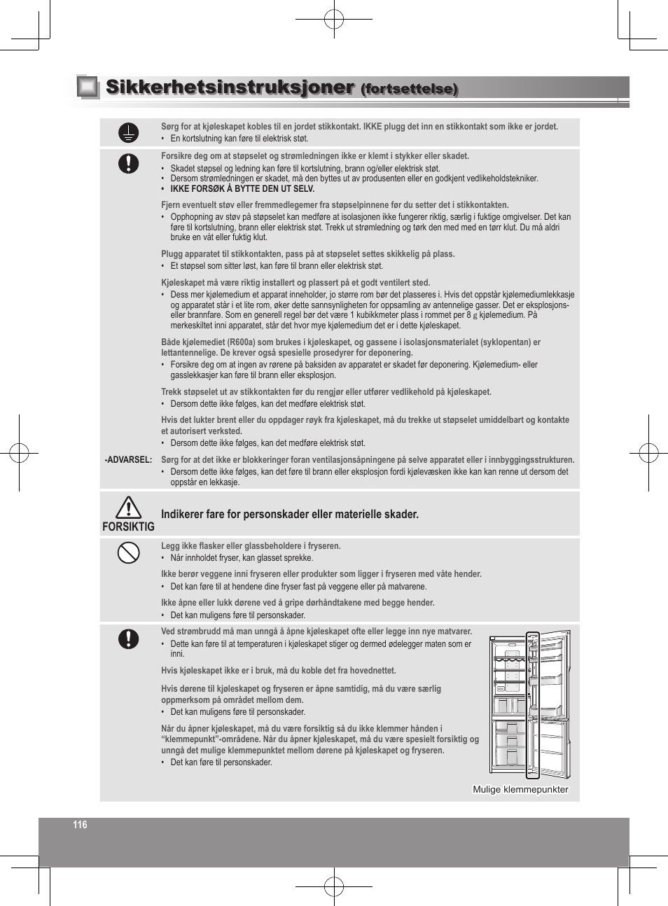 Sikkerhetsinstruksjoner, Fortsettelse) | Panasonic NRB32SW1 User Manual | Page 116 / 180