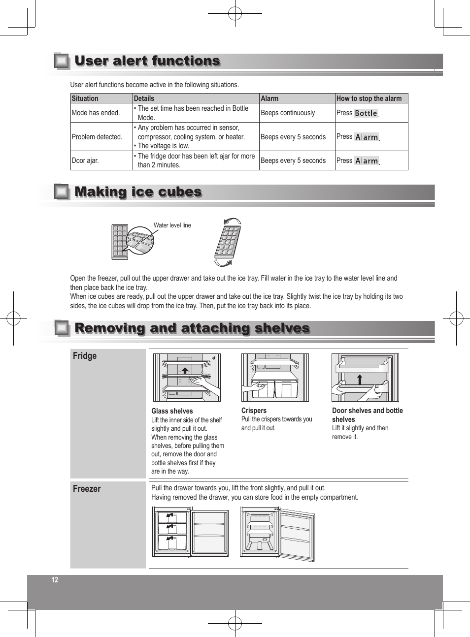 Removing and attaching shelves, Making ice cubes, User alert functions | Panasonic NRB32SW1 User Manual | Page 12 / 180