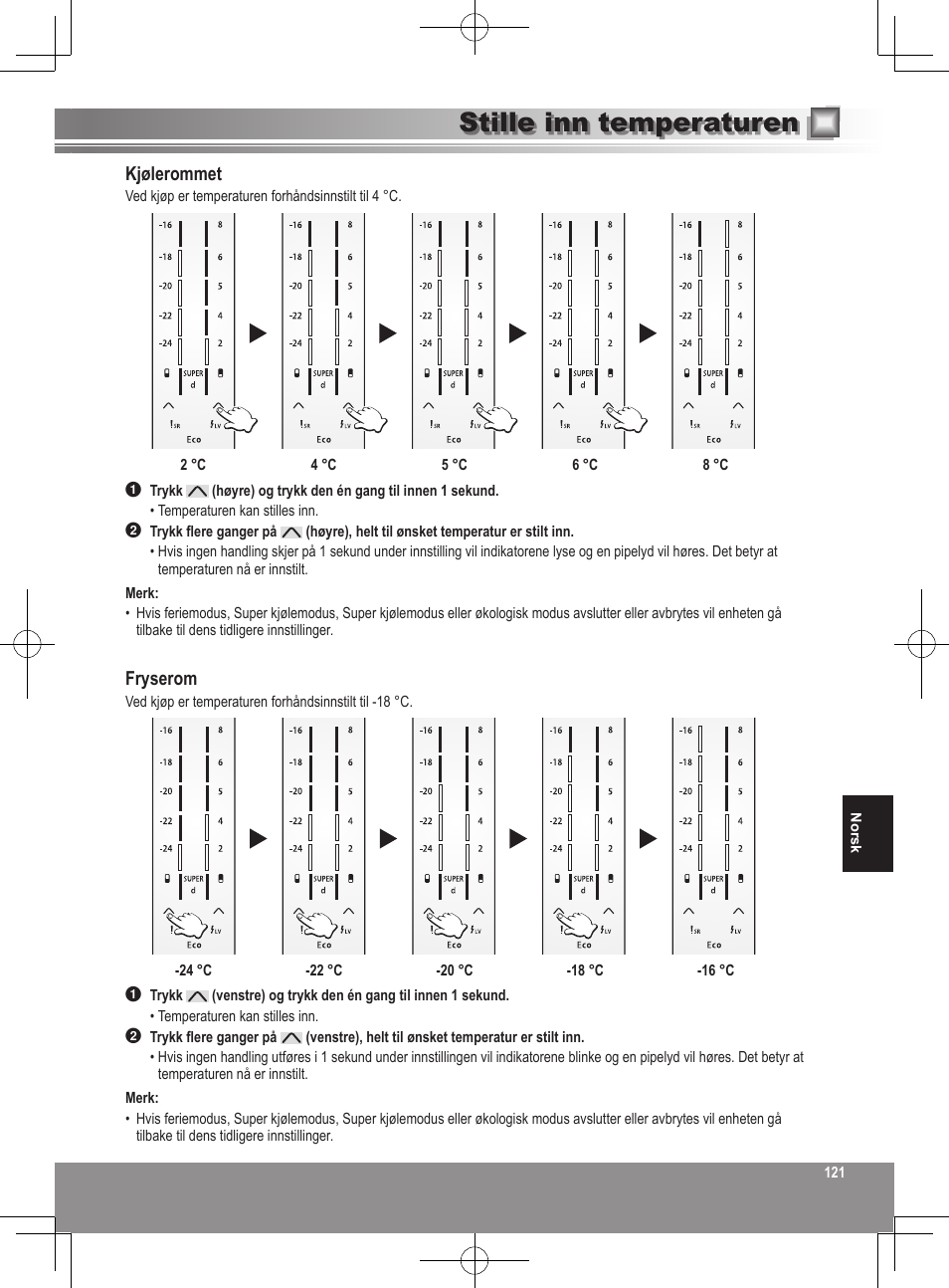 Stille inn temperaturen, Kjølerommet, Fryserom | Panasonic NRB32SW1 User Manual | Page 121 / 180