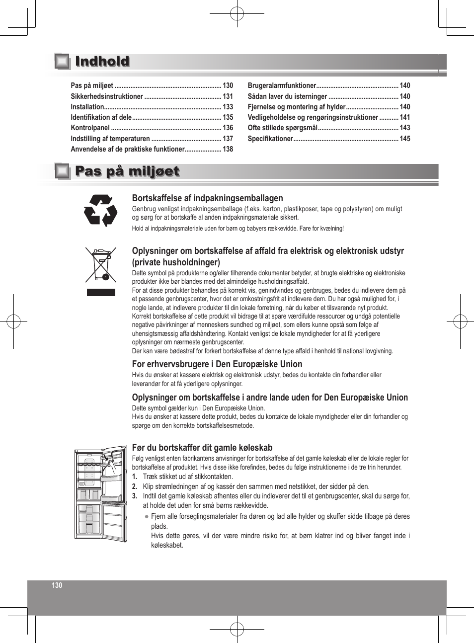 Pas på miljøet indhold | Panasonic NRB32SW1 User Manual | Page 130 / 180