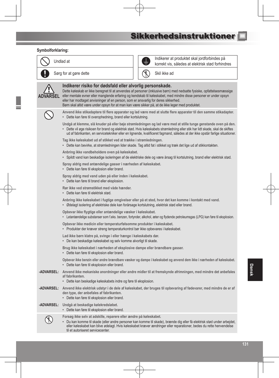 Sikkerhedsinstruktioner | Panasonic NRB32SW1 User Manual | Page 131 / 180