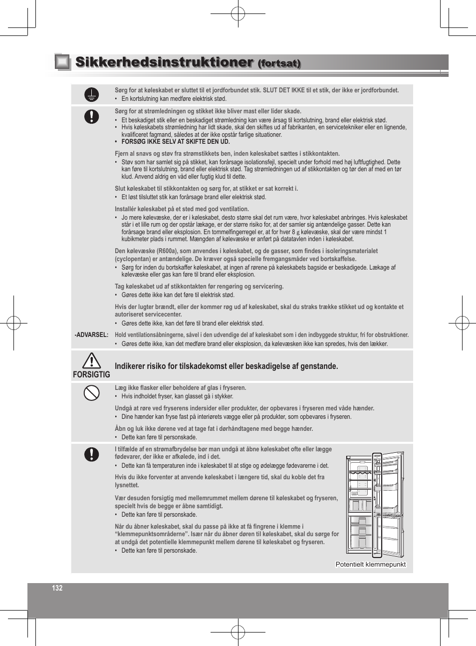 Sikkerhedsinstruktioner, Fortsat) | Panasonic NRB32SW1 User Manual | Page 132 / 180