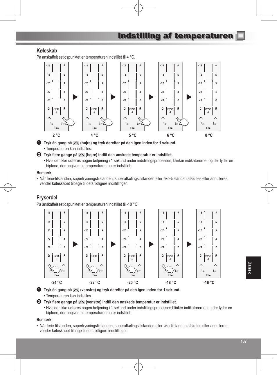 Indstilling af temperaturen, Køleskab, Fryserdel | Panasonic NRB32SW1 User Manual | Page 137 / 180