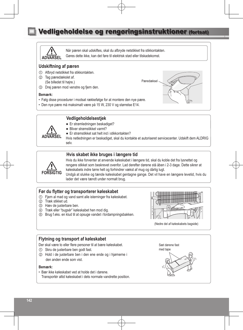 Vedligeholdelse og rengøringsinstruktioner | Panasonic NRB32SW1 User Manual | Page 142 / 180