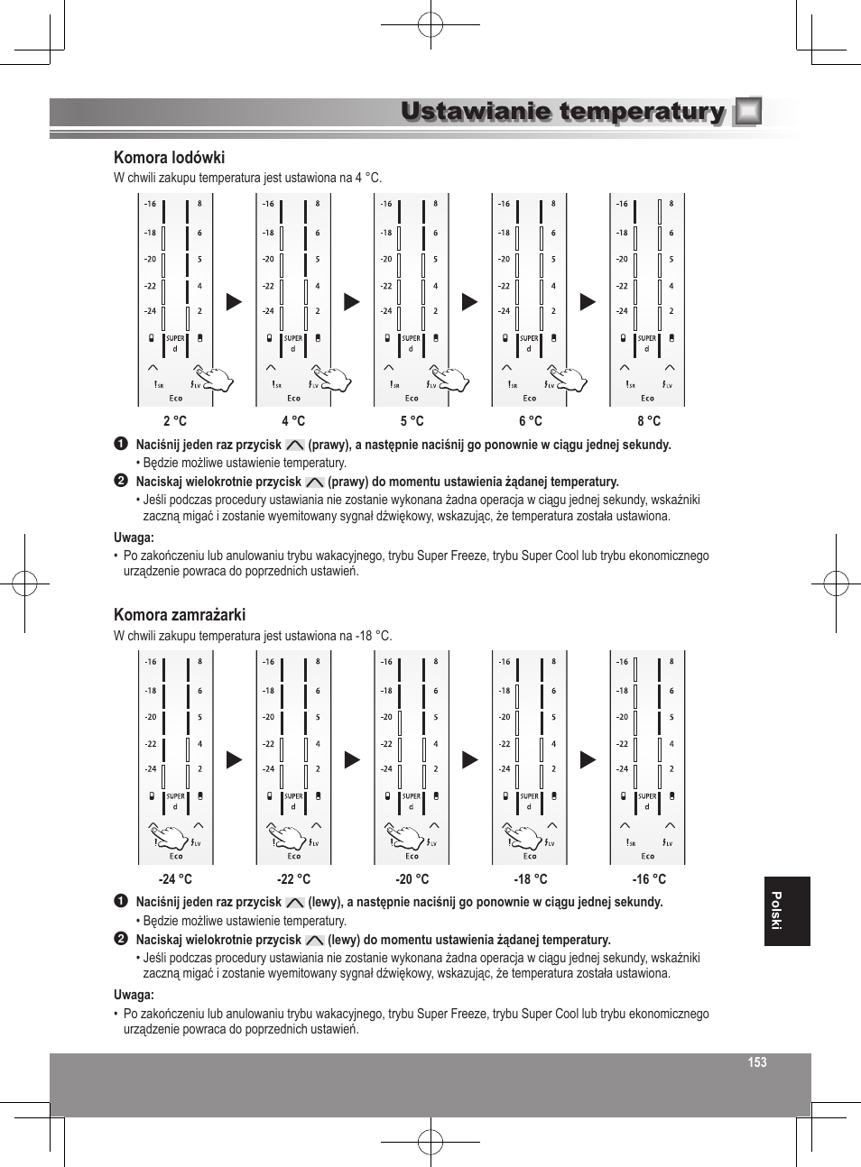 Ustawianie temperatury, Komora lodówki, Komora zamrażarki | Panasonic NRB32SW1 User Manual | Page 153 / 180